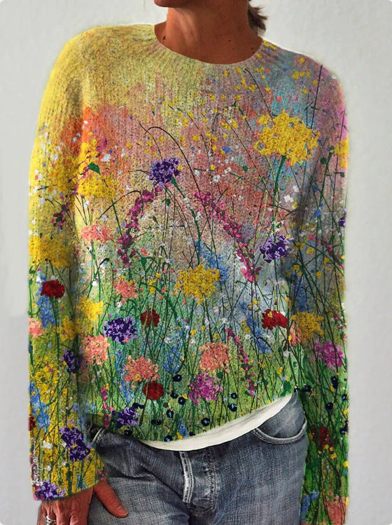 Lebendiger Pullover mit Blumenstickerei für Damen