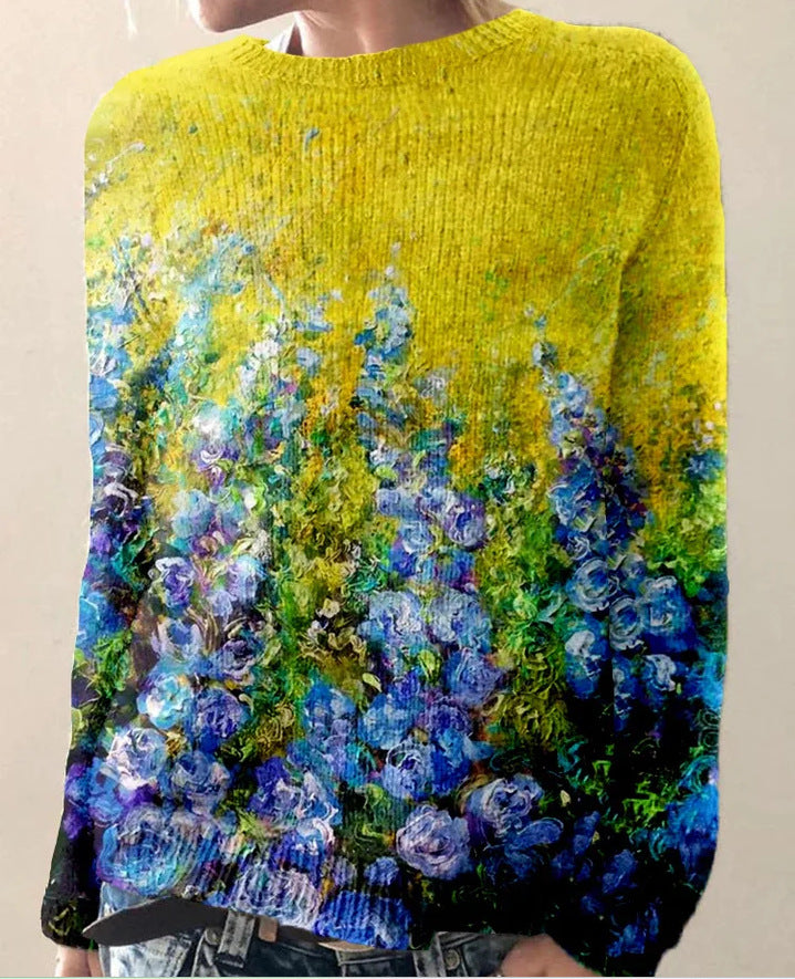 Lebendiger Pullover mit Blumenstickerei für Damen