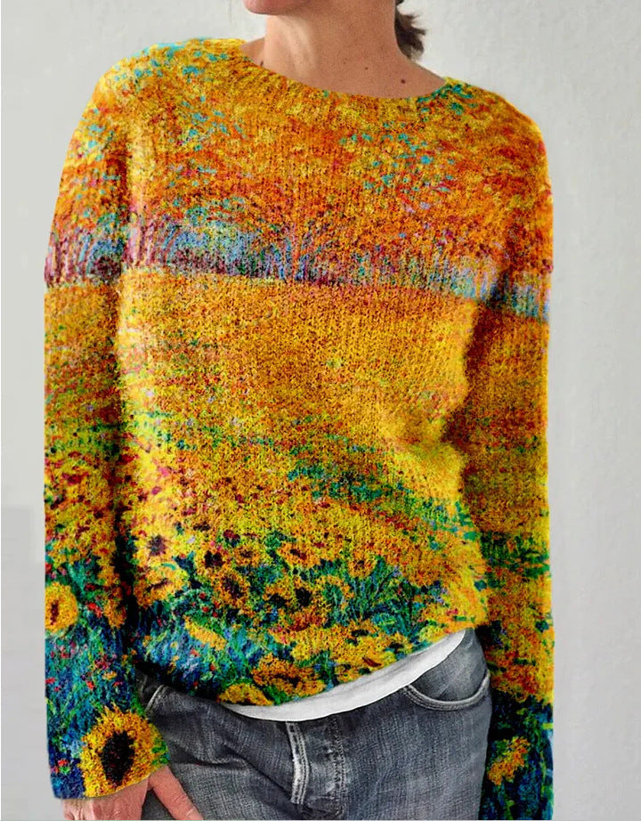 Lebendiger Pullover mit Blumenstickerei für Damen