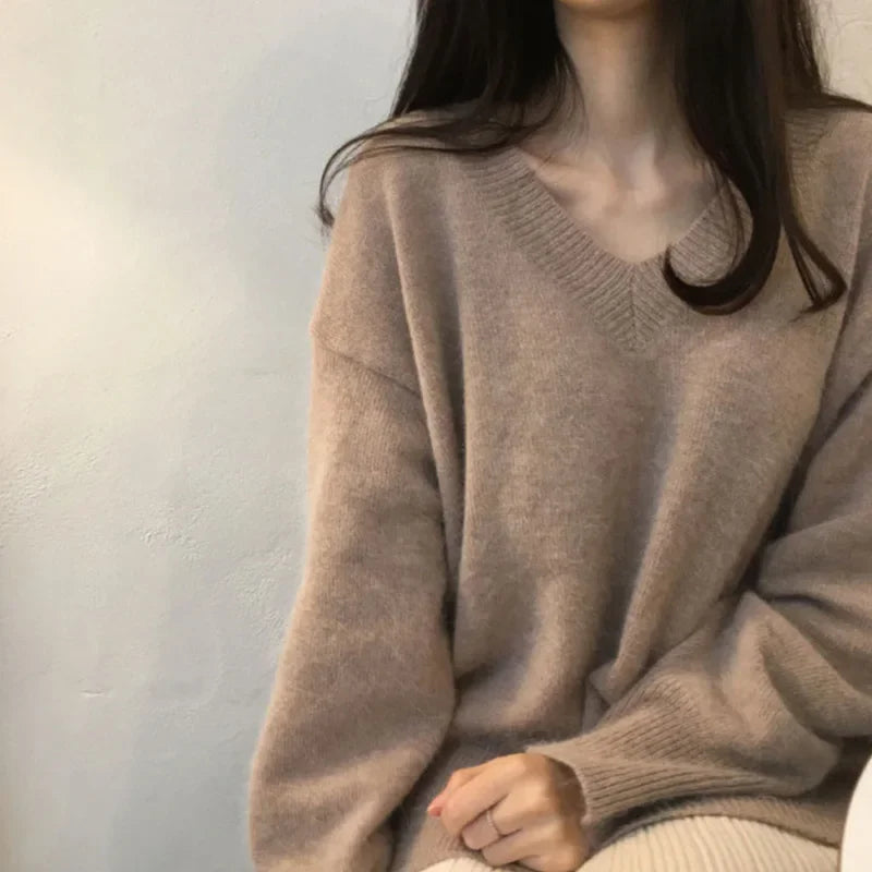 Damen Oversized V-Ausschnitt Pullover